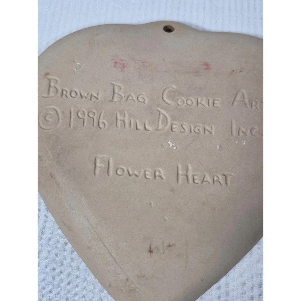 Vintage Brown Bag Cookie Art Heart Floral Stoneware Mold Scalloped Ceramic Tan